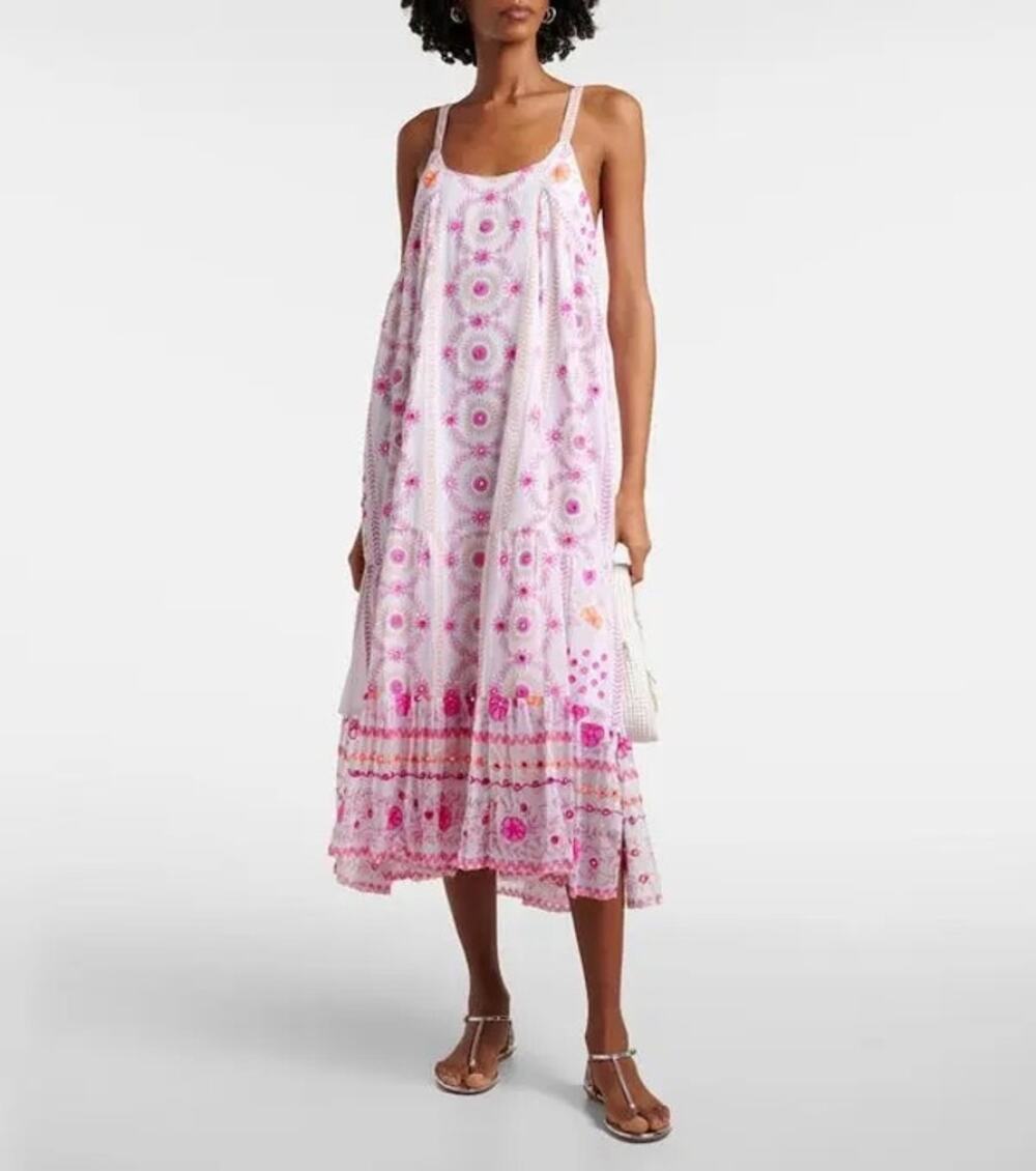 Juliet Dunn London Embroidered Floral Midi Dress Pink Orange Size 1 Boho Resort